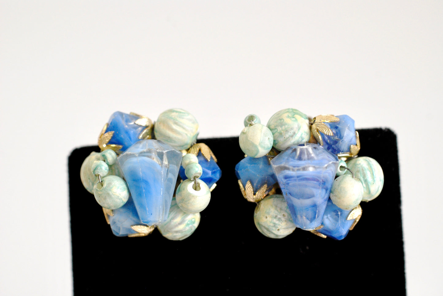 Vintage Blue Cluster Earrings Marked Hong Kong 