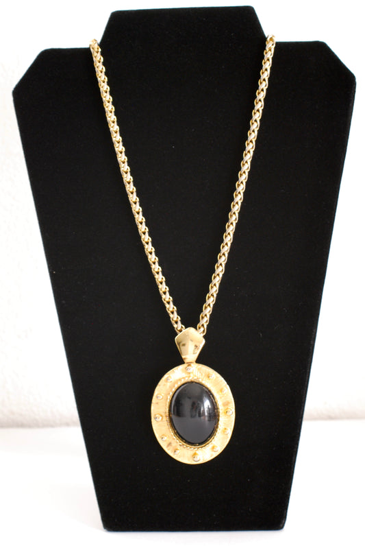 Large Black Oval Pendant Necklace w/ Gold Frame and Chunky Chain