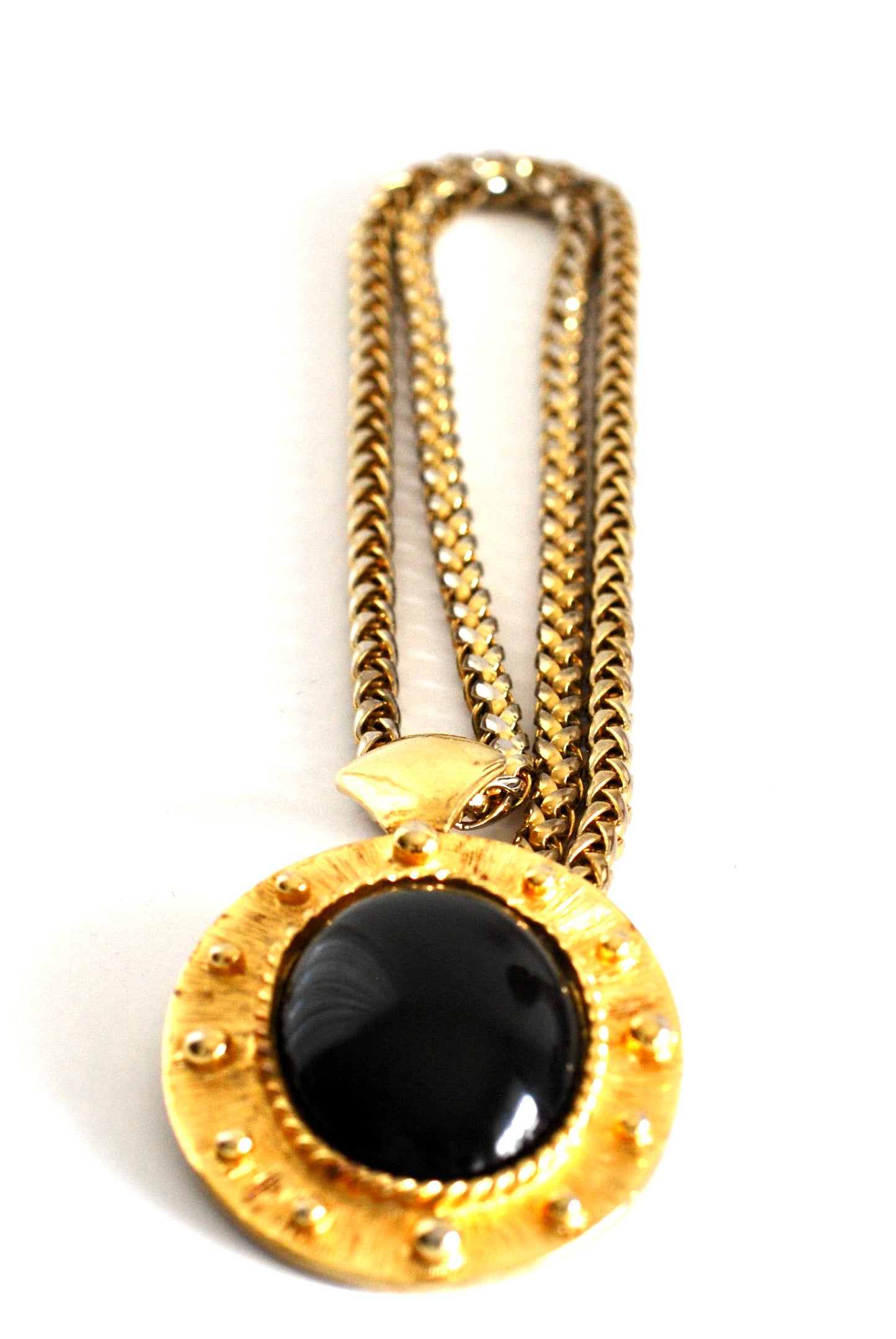 Large Black Oval Pendant Necklace w/ Gold Frame and Chunky Chain
