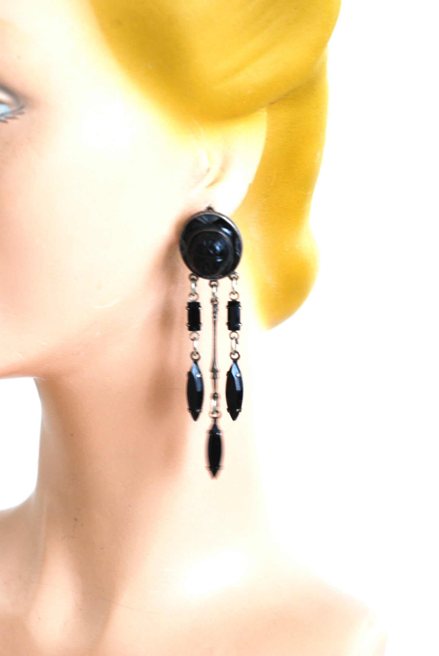Scarab Earrings with Dangle Beads in Black