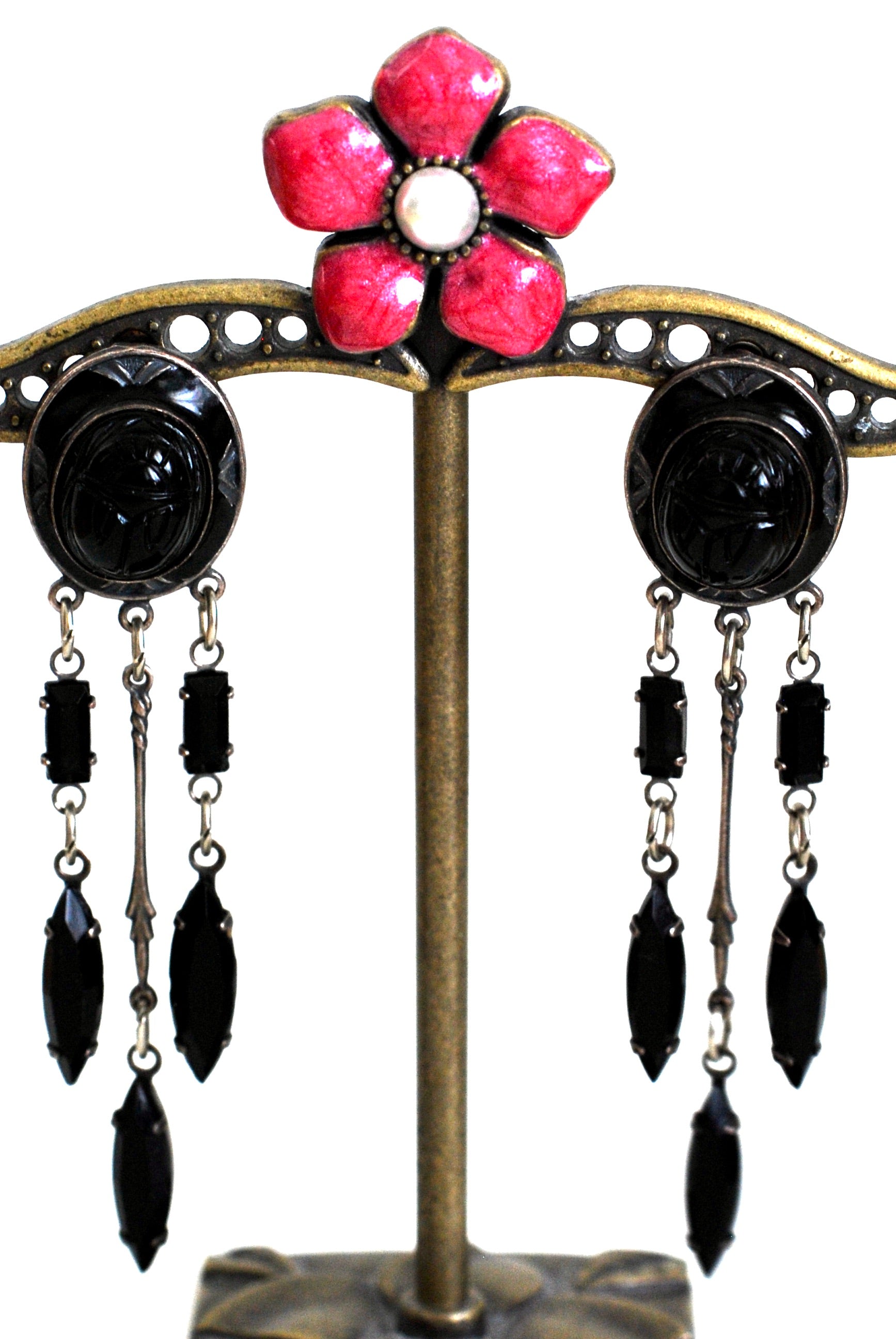 Scarab Earrings with Dangle Beads in Black 