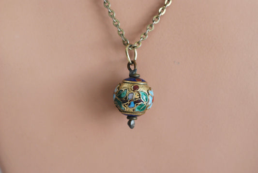 Vintage Brass Champleve Pendant Necklace