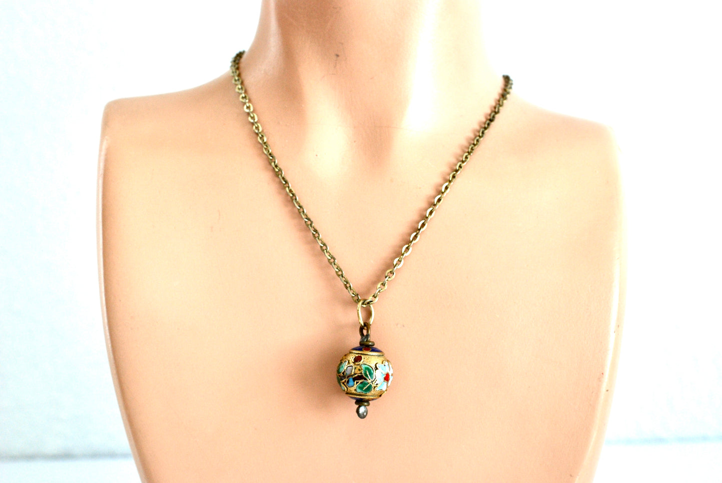 Vintage Brass Champleve Pendant Necklace