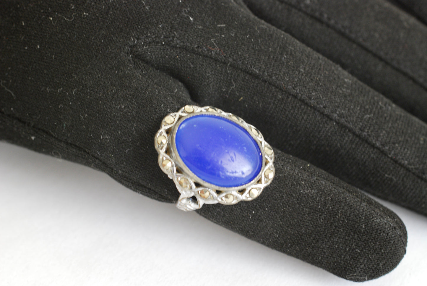 Vintage Blue Glass & Marcasite Ring by Uncas