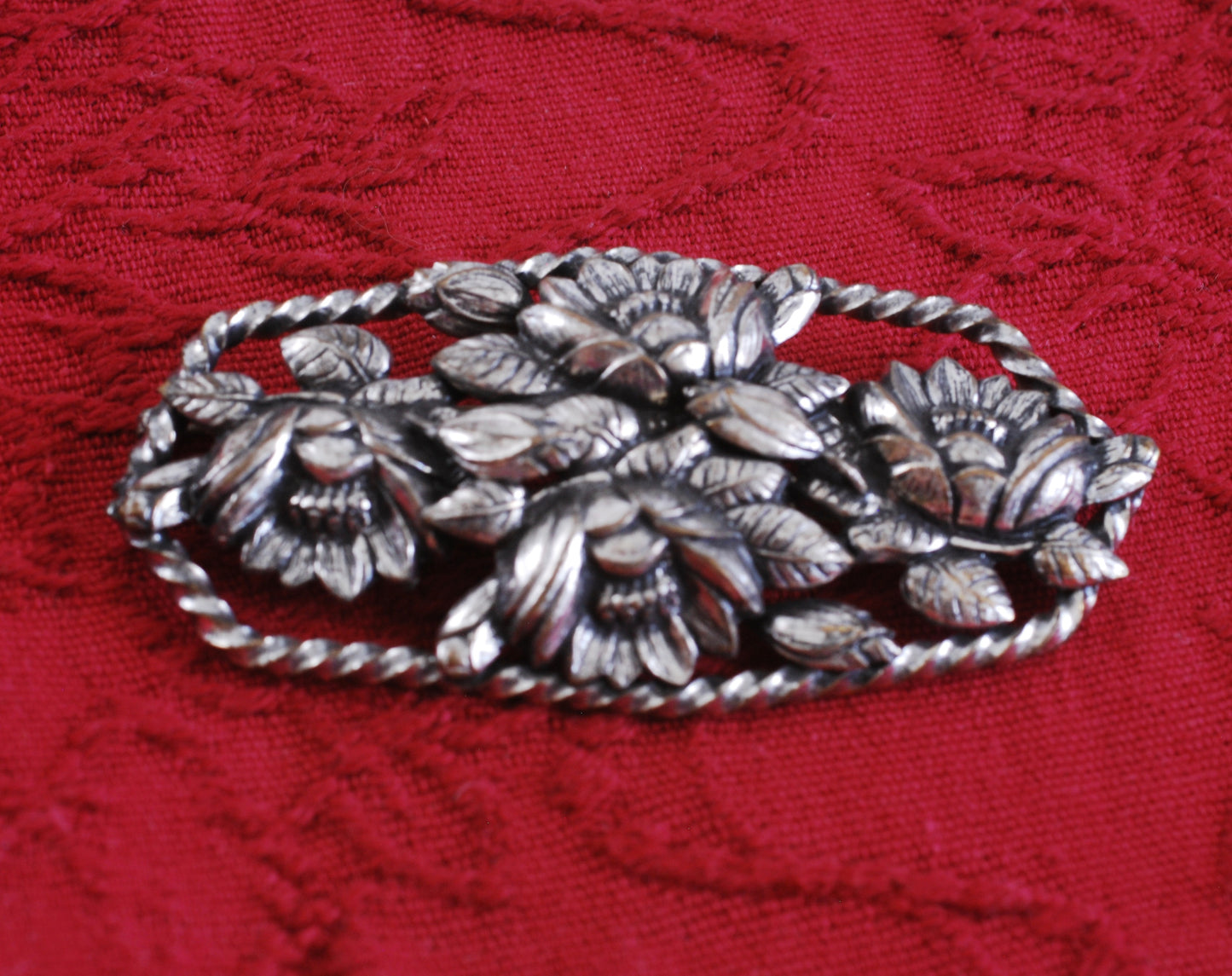 Large Floral Brooch in Silver Repousse
