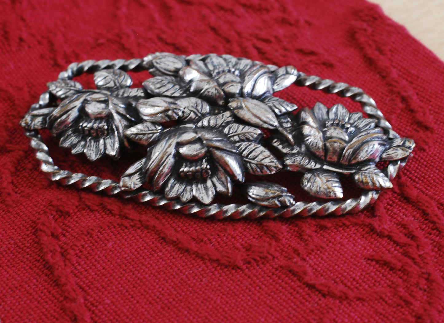 Large Floral Brooch in Silver Repousse
