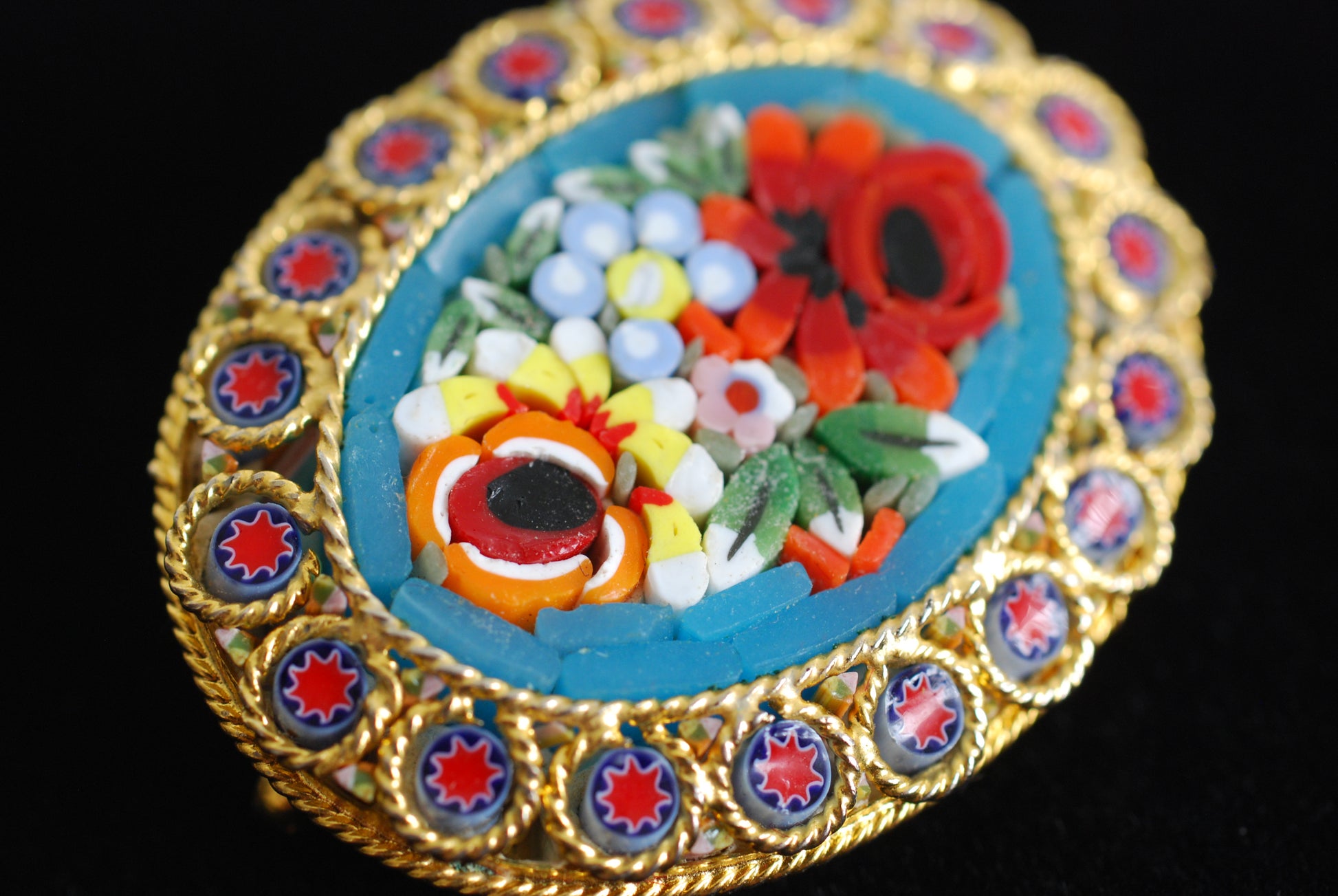 Oval Micro Mosaic Floral Brooch 