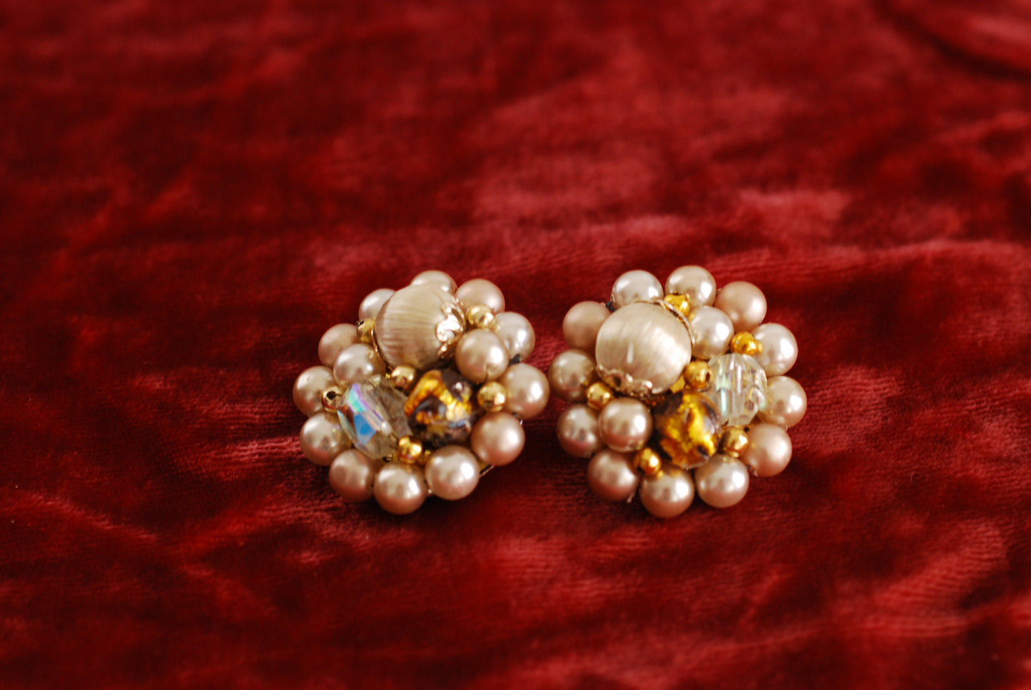 Vintage Cluster Earrings pearls, AB crystals in beige