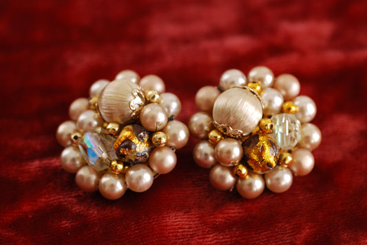 Vintage Cluster Earrings pearls, AB crystals in beige