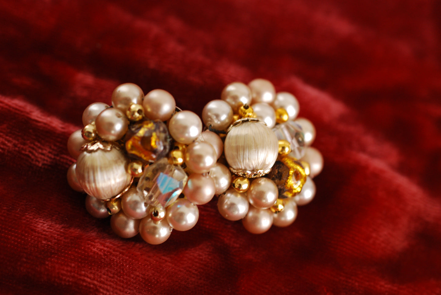 Vintage Cluster Earrings pearls, AB crystals in beige