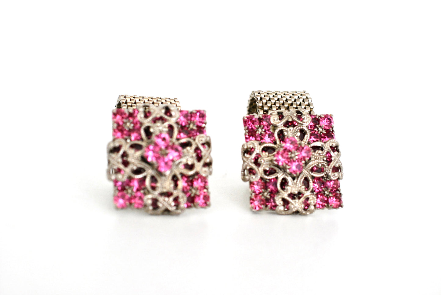 Vintage Unisex Cufflinks Pink Rhinestone w/Silver Filigree