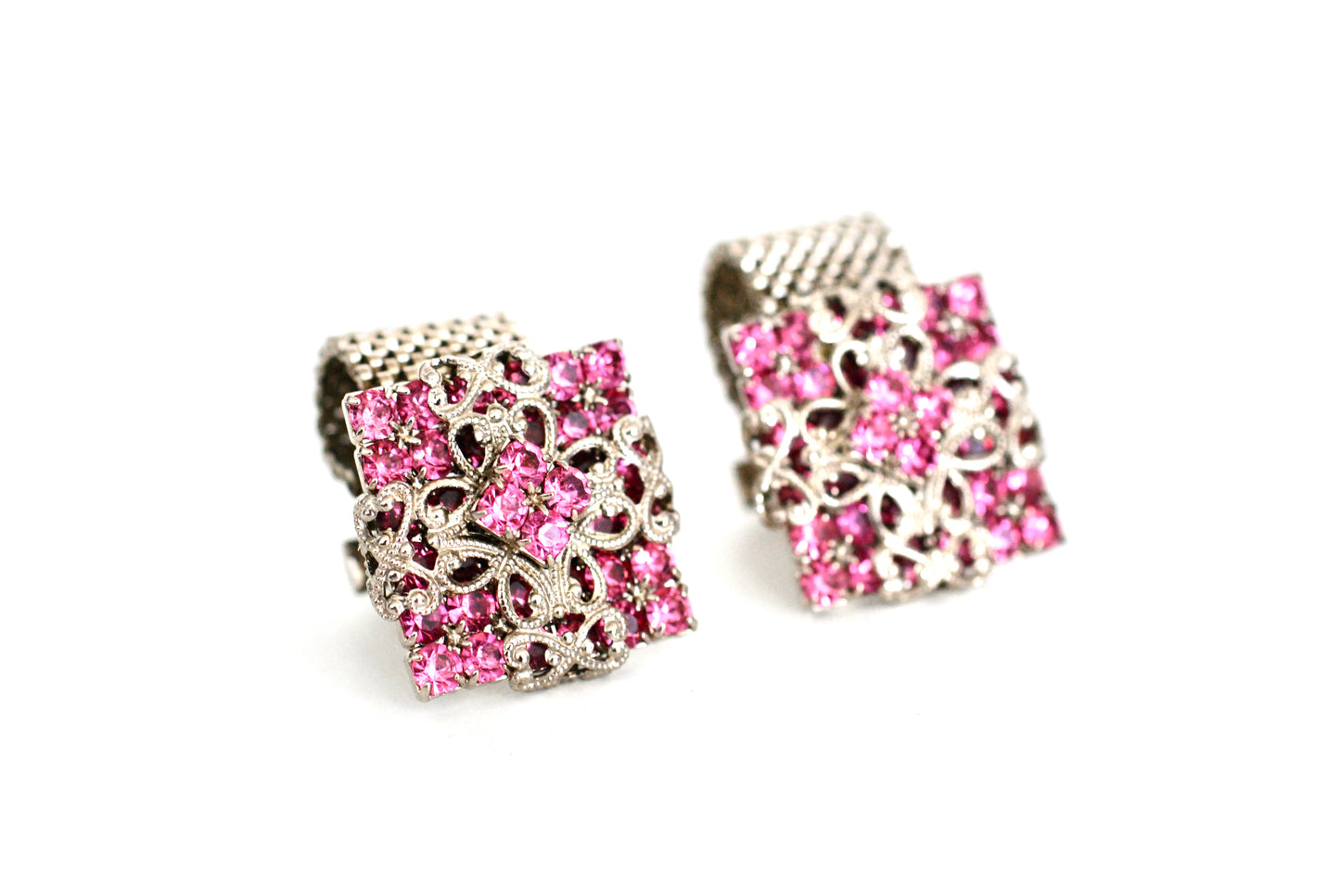 Vintage Unisex Cufflinks Pink Rhinestone w/Silver Filigree