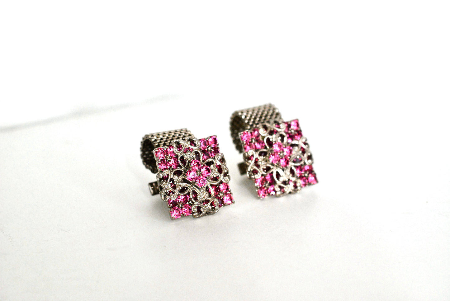 Vintage Unisex Cufflinks Pink Rhinestone w/Silver Filigree