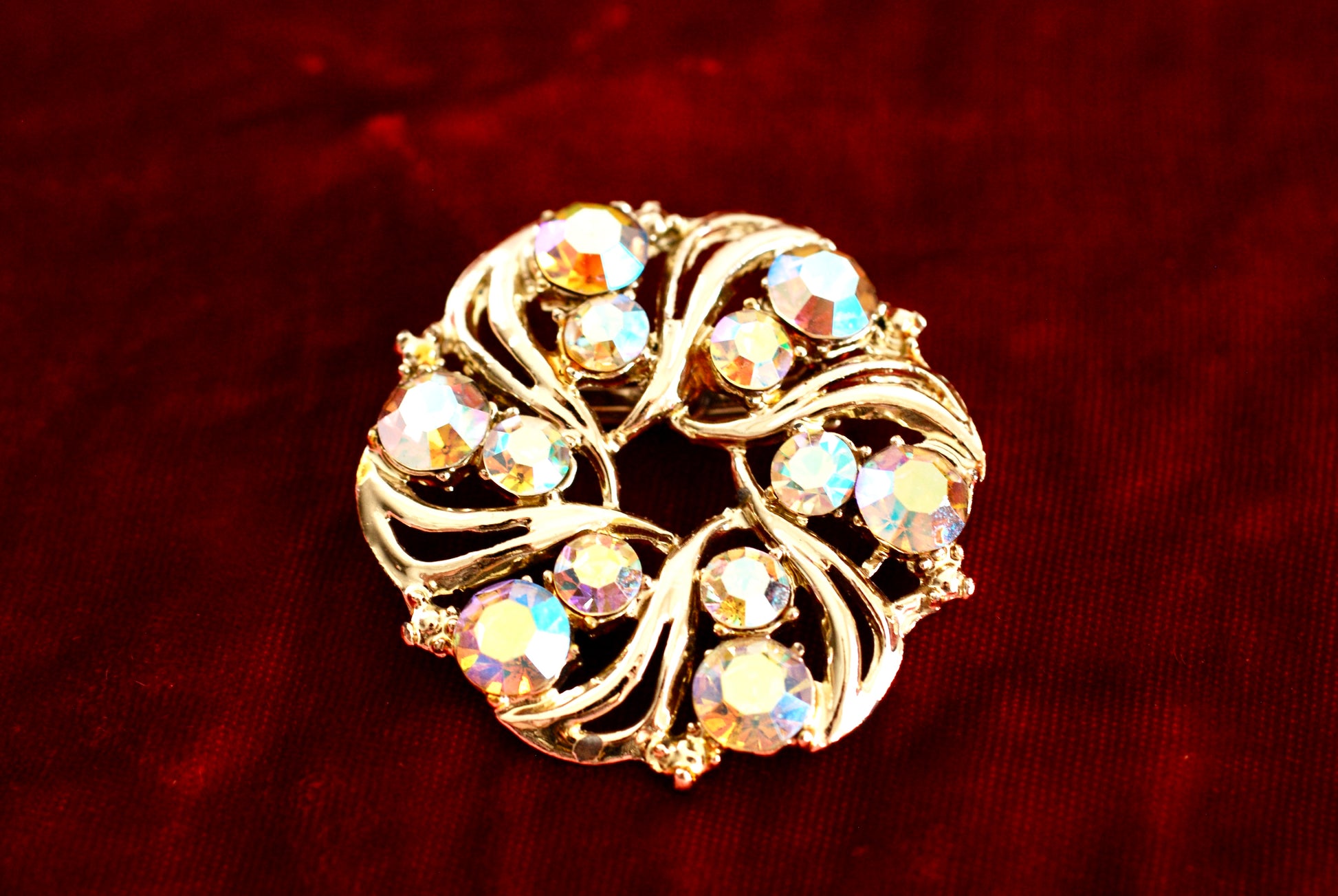 Vintage Circle Brooch AB Rhinestones