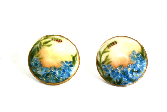 Vintage Porcelain Earrings Hand Painted Forget Me Nots