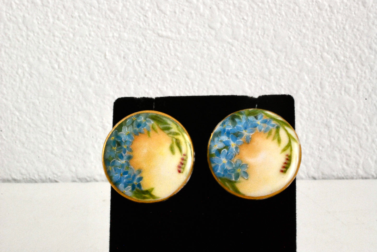 Vintage Porcelain Earrings Hand Painted Forget Me Nots