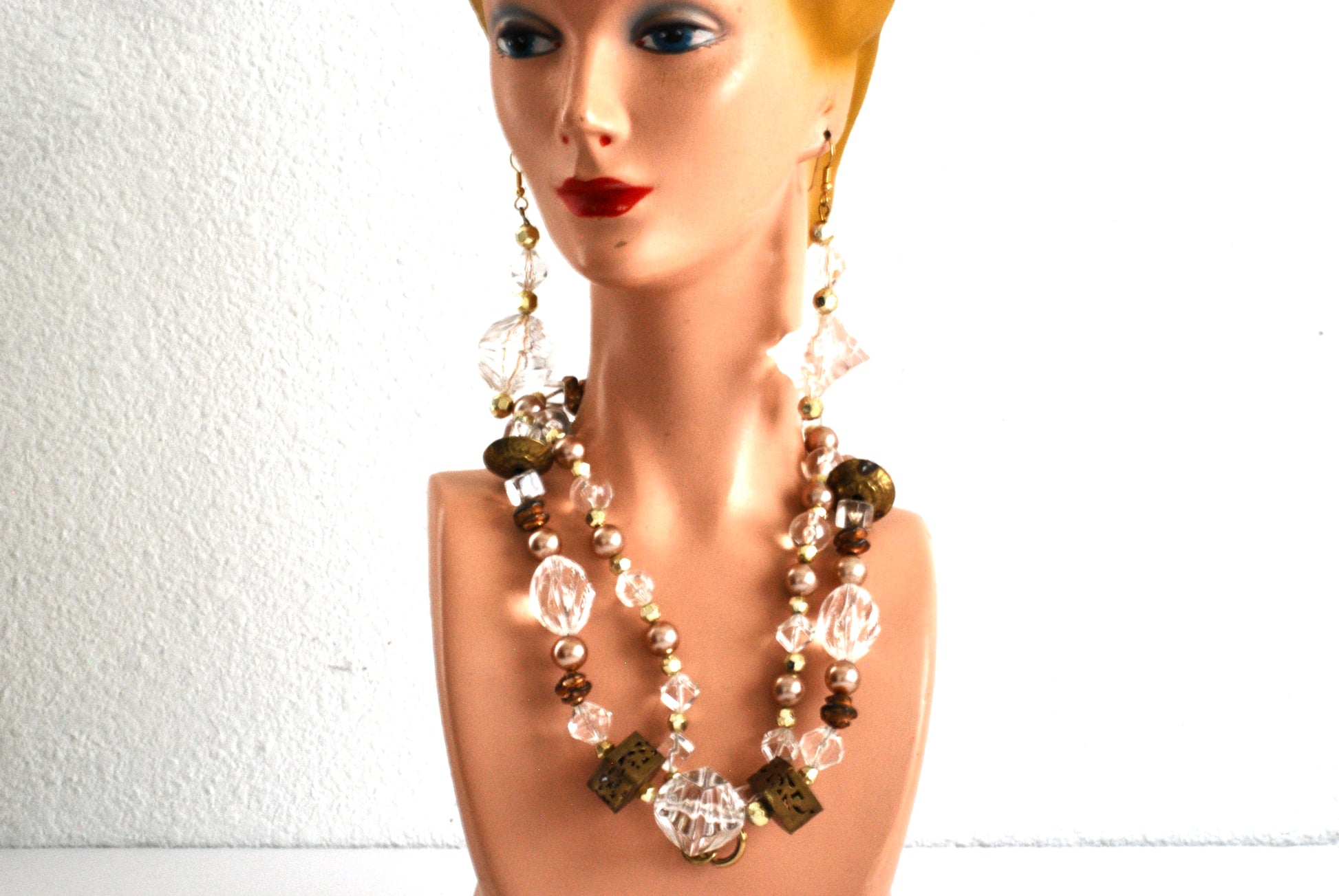 Long Boho Style Necklace and Earrings in Clear, Brass, and Pearls