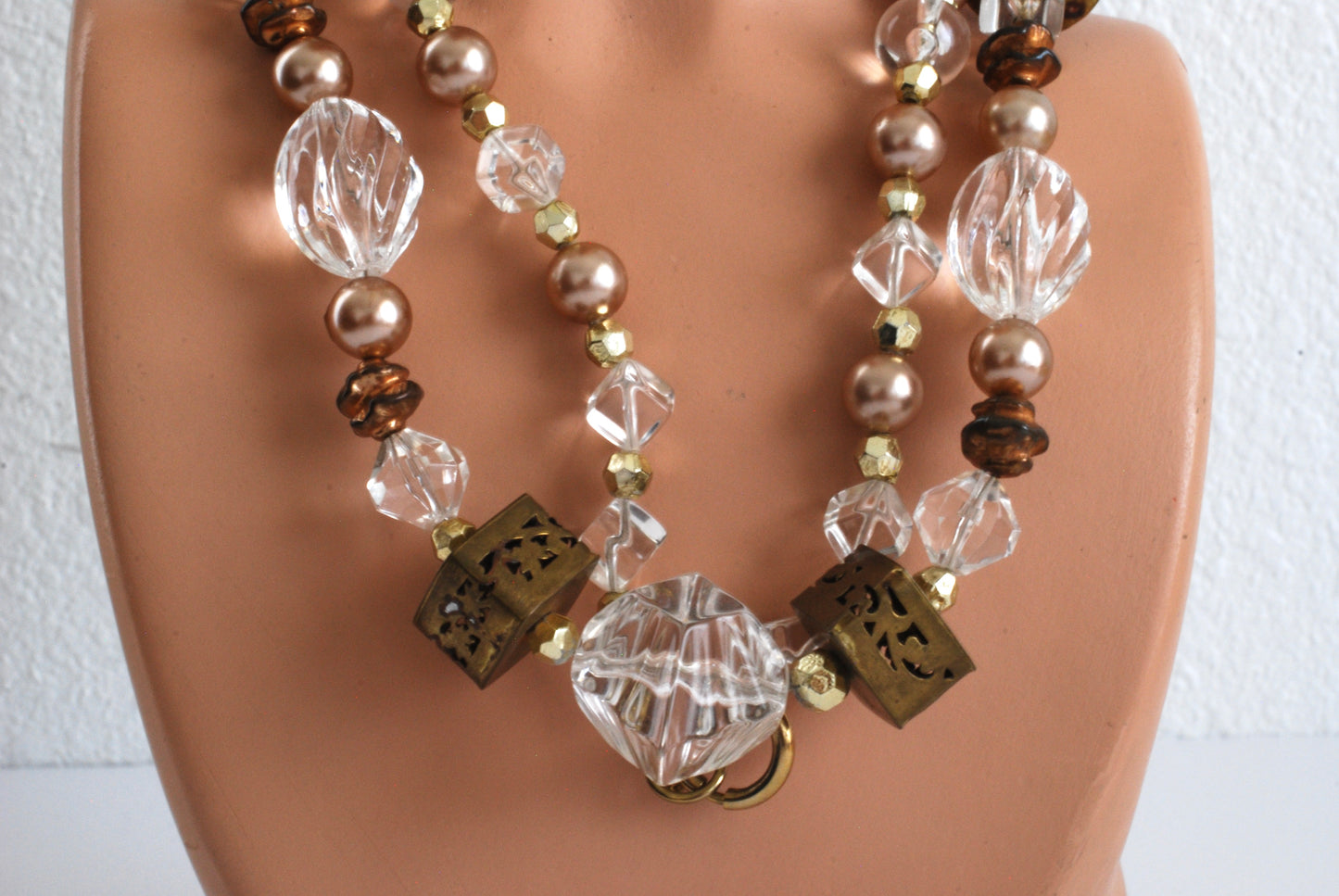 Long Boho Style Necklace and Earrings in Clear, Brass, and Pearls