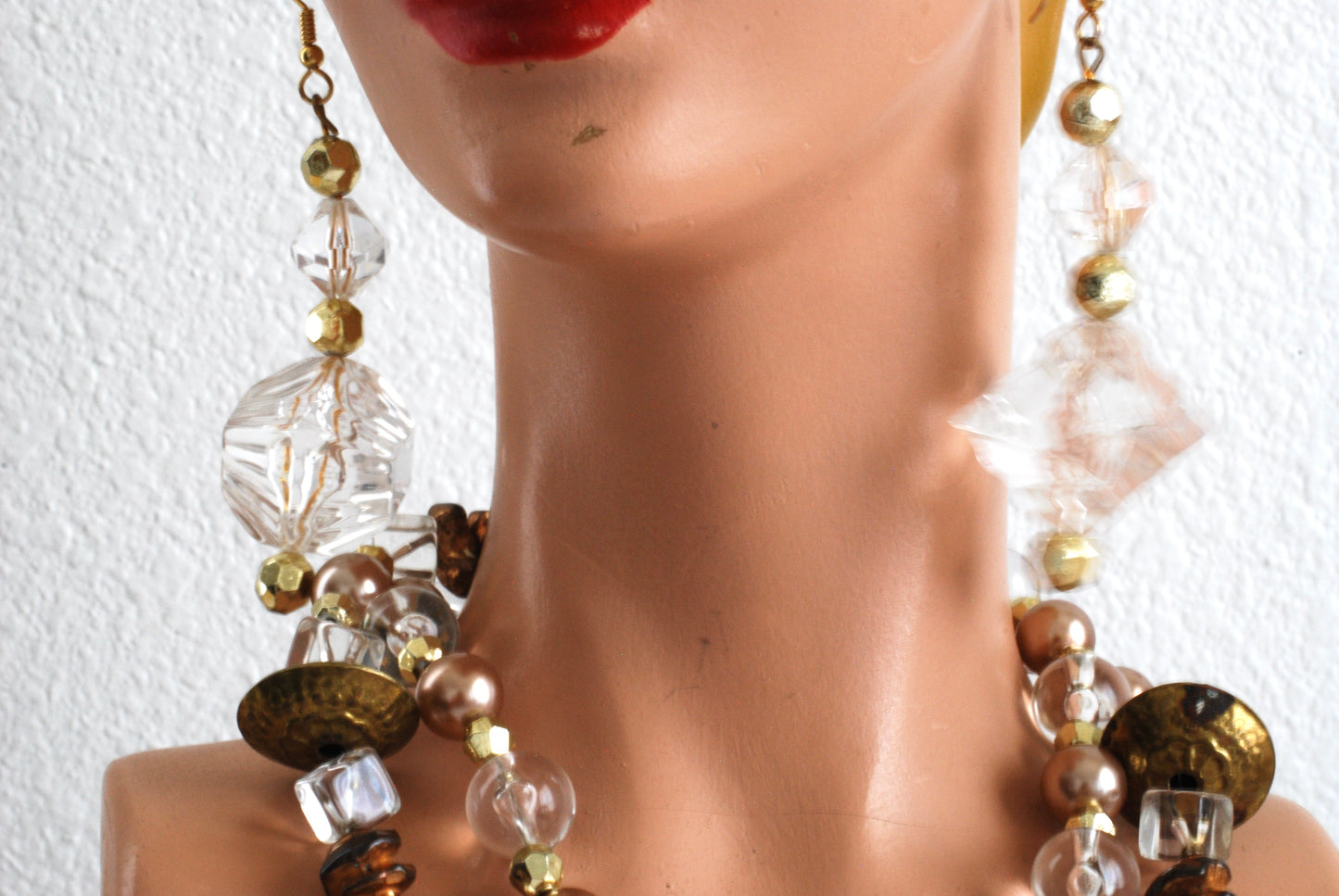 Long Boho Style Necklace and Earrings in Clear, Brass, and Pearls