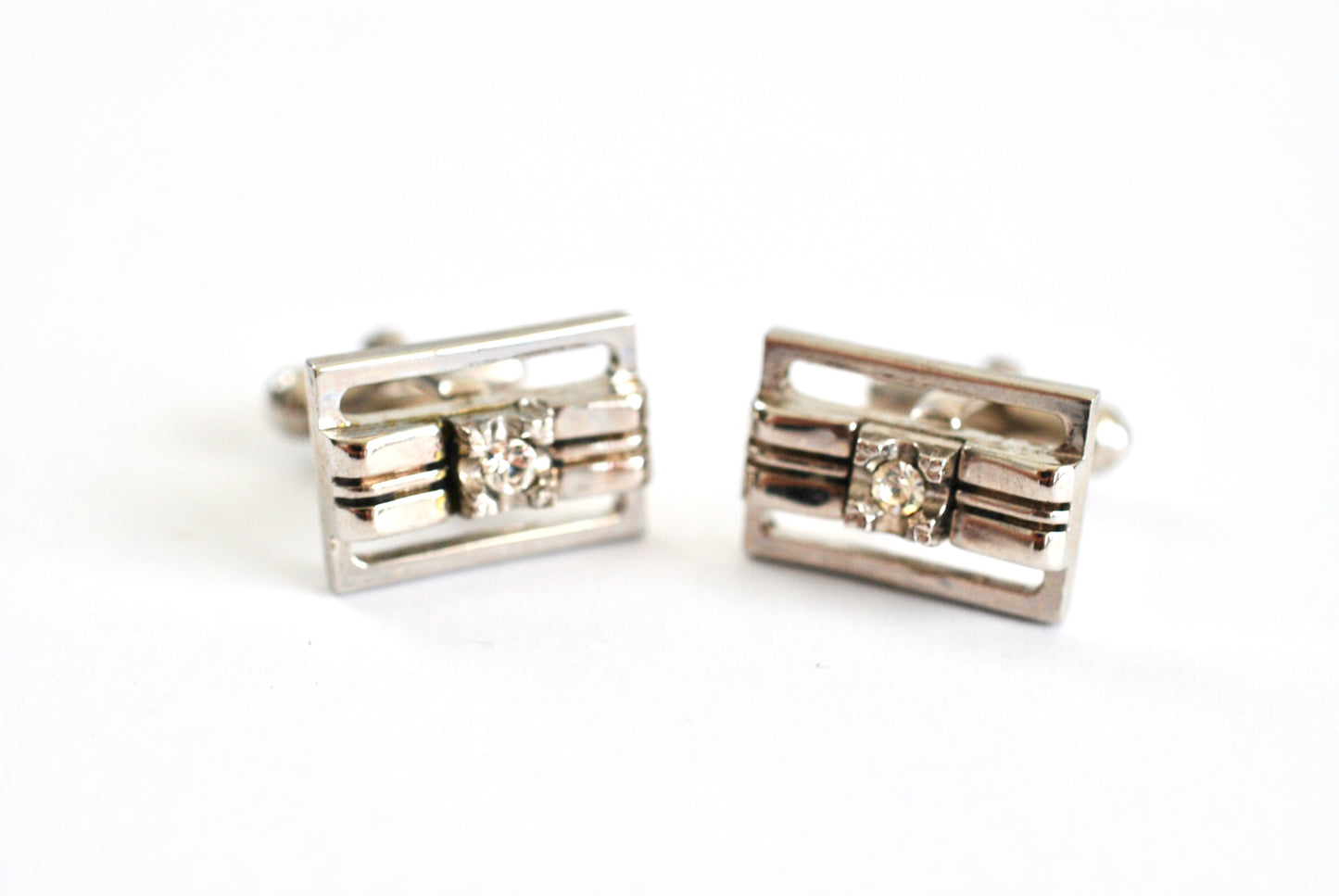 Vintage Silver Tone Cuff Links with Clear Stone Center