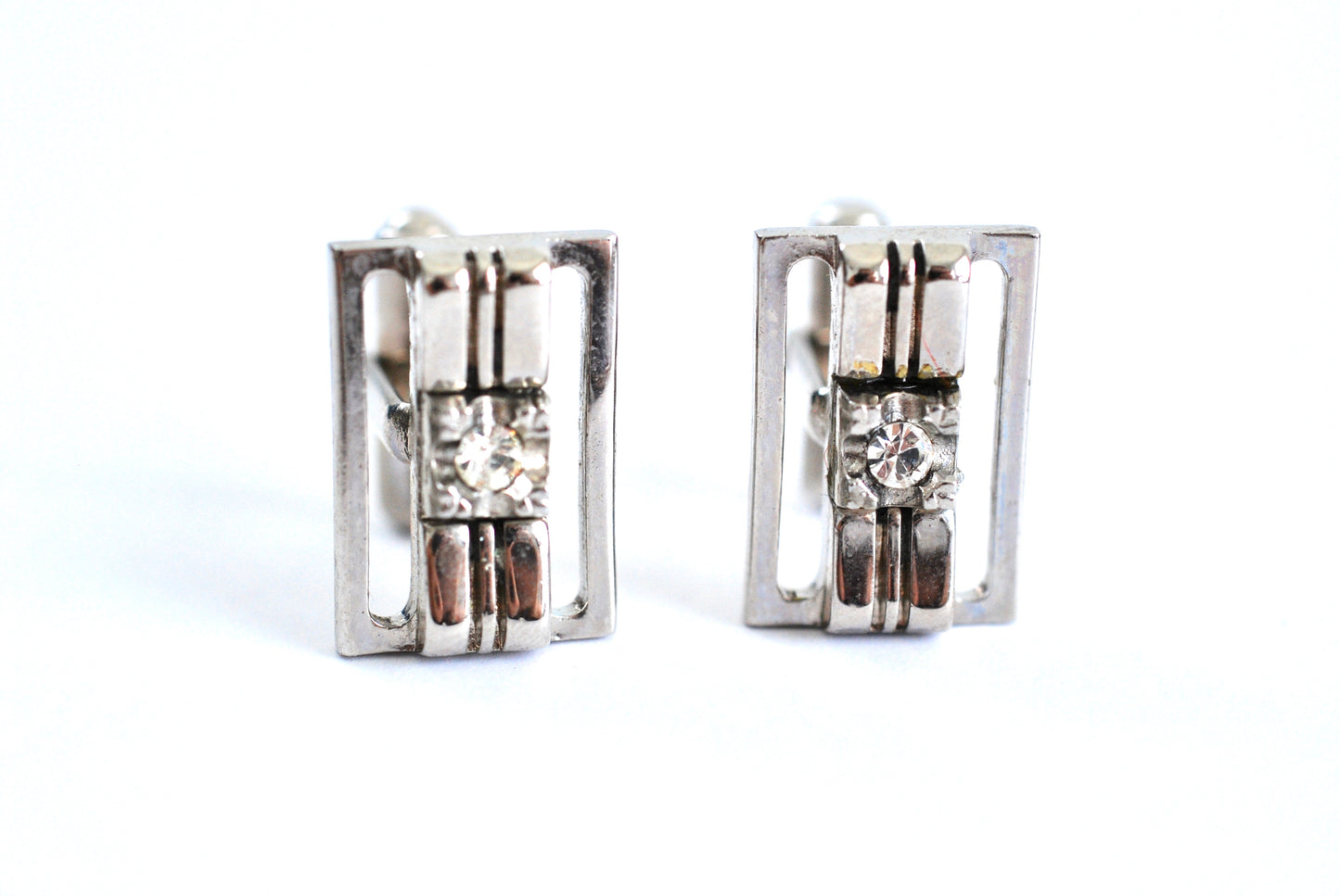 Vintage Silver Tone Cuff Links with Clear Stone Center