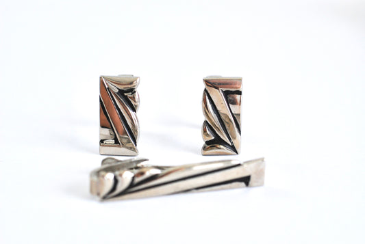 Vintage Cufflinks and Tie Clasp Set Art Deco Look Chrome Plated