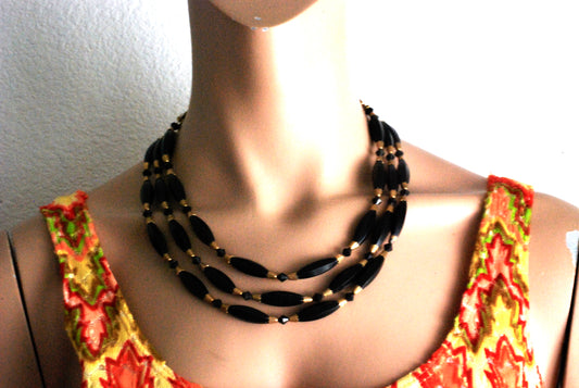 Brass and Black Three Strand Necklace
