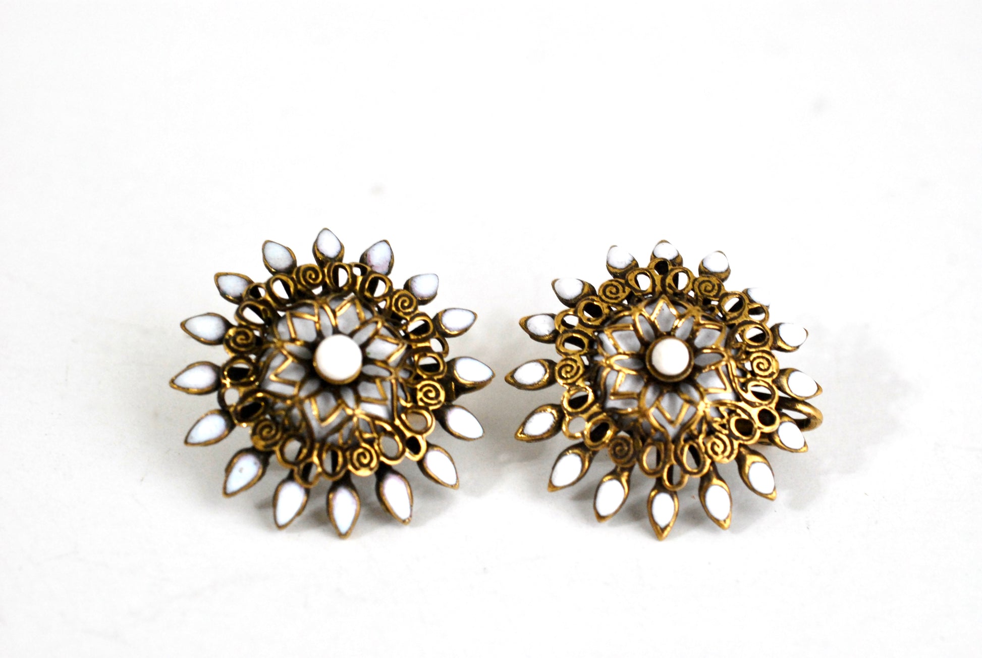 Vintage Earrings Brass Filigree with White Enamel Clip Ons