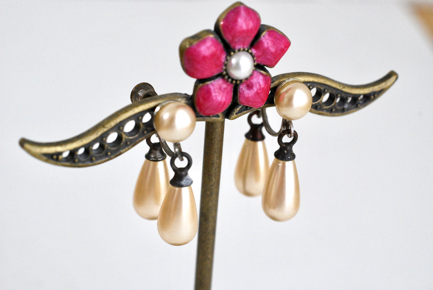 Vintage Teardrop Pearl Earrings Double Drop Screw Backs