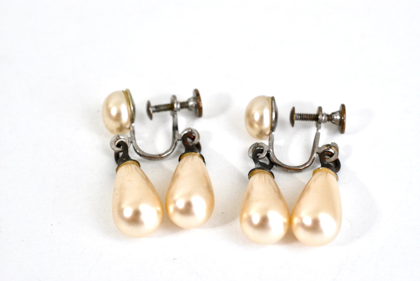 Vintage Teardrop Pearl Earrings Double Drop Screw Backs