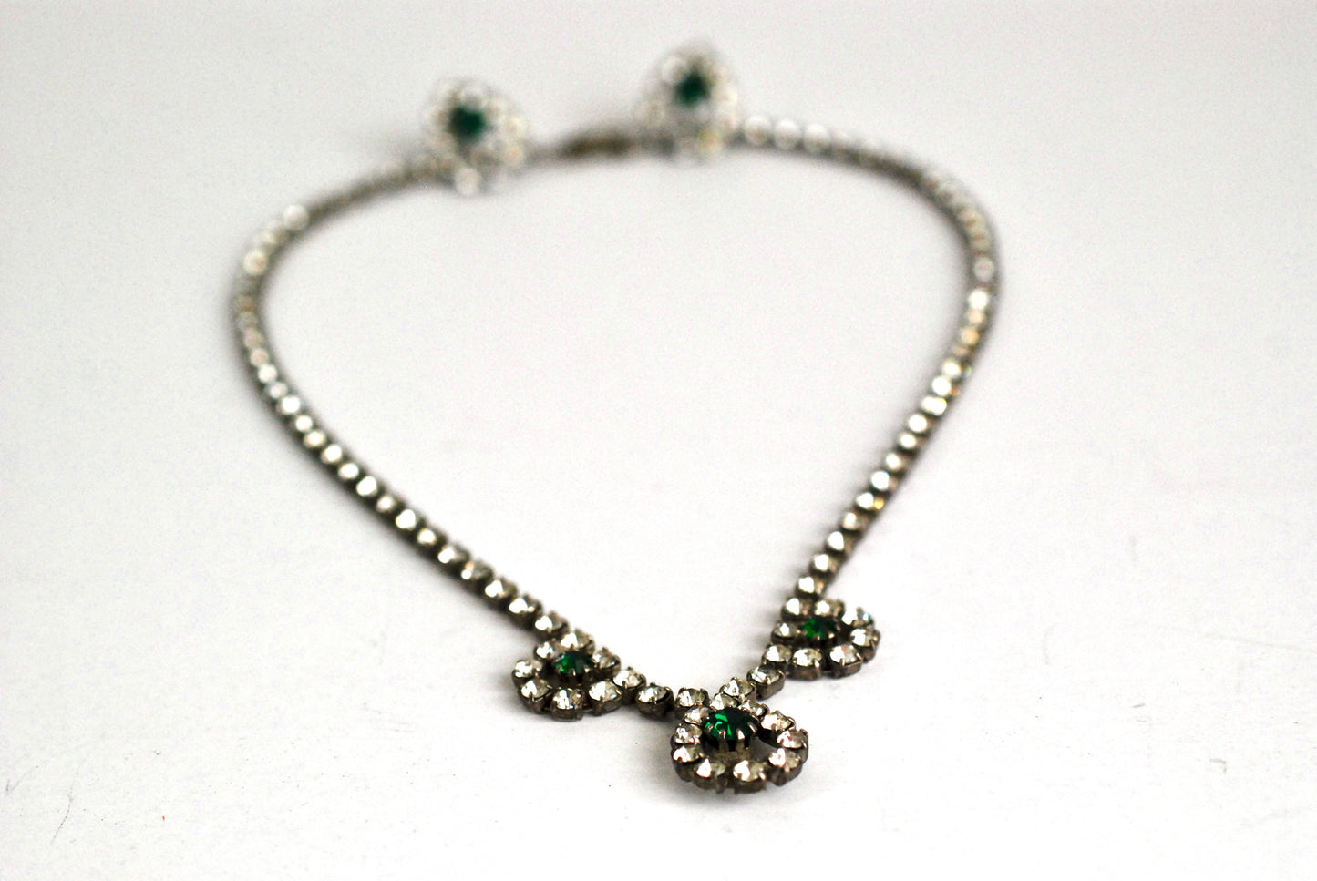 Rhinestone Necklace and Earrings in Clear and Green