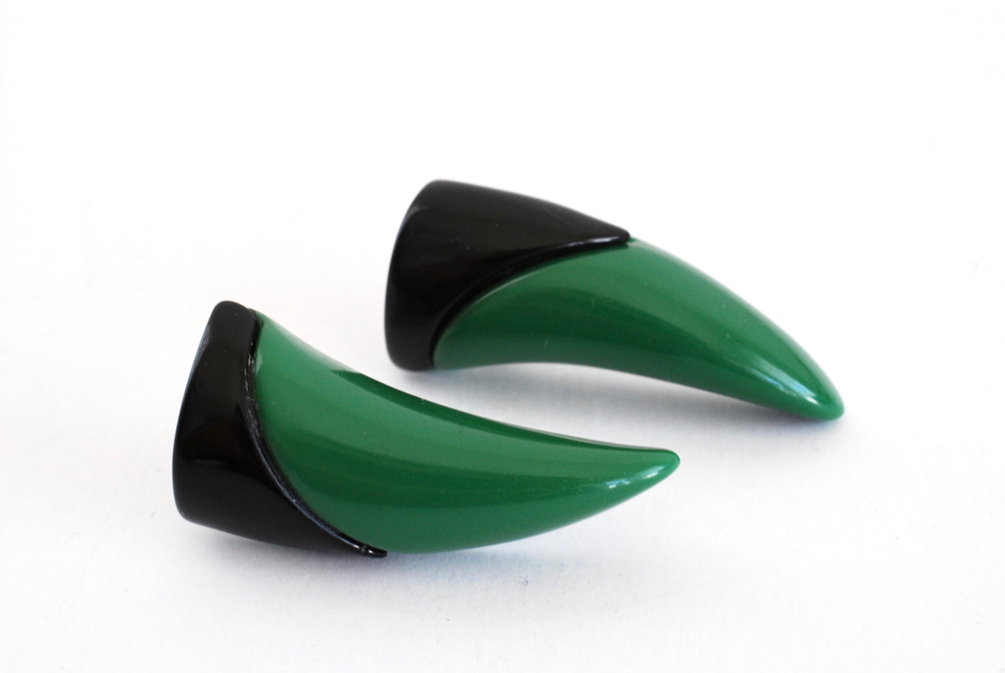 Vintage Green and Black Earrings Horn Shape Pierced