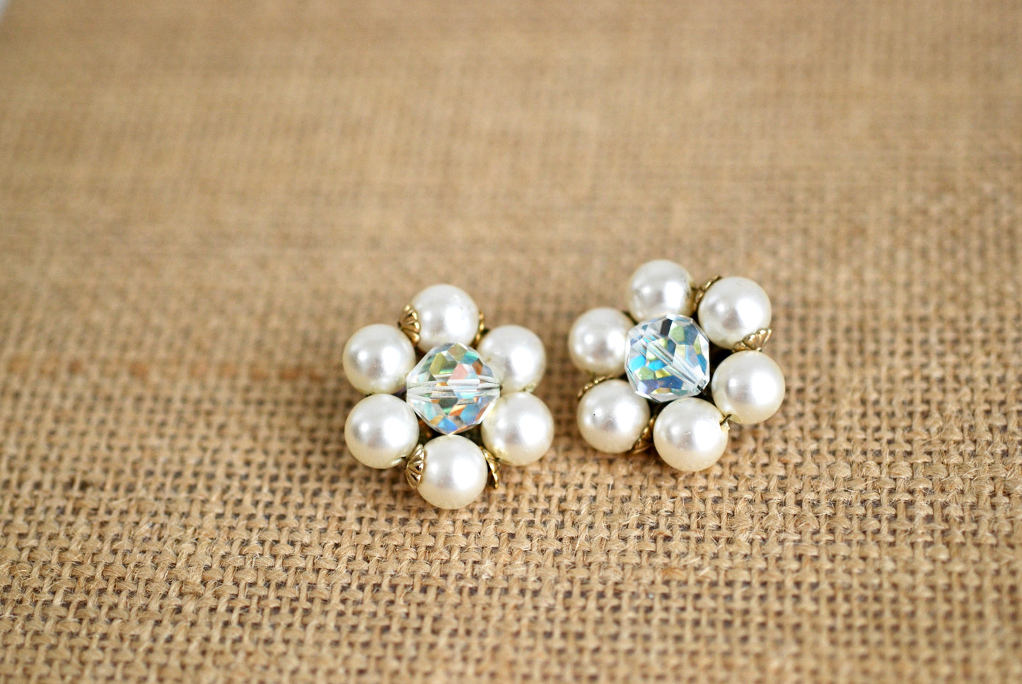 Classic Pearl and AB Crystal Cluster Earrings