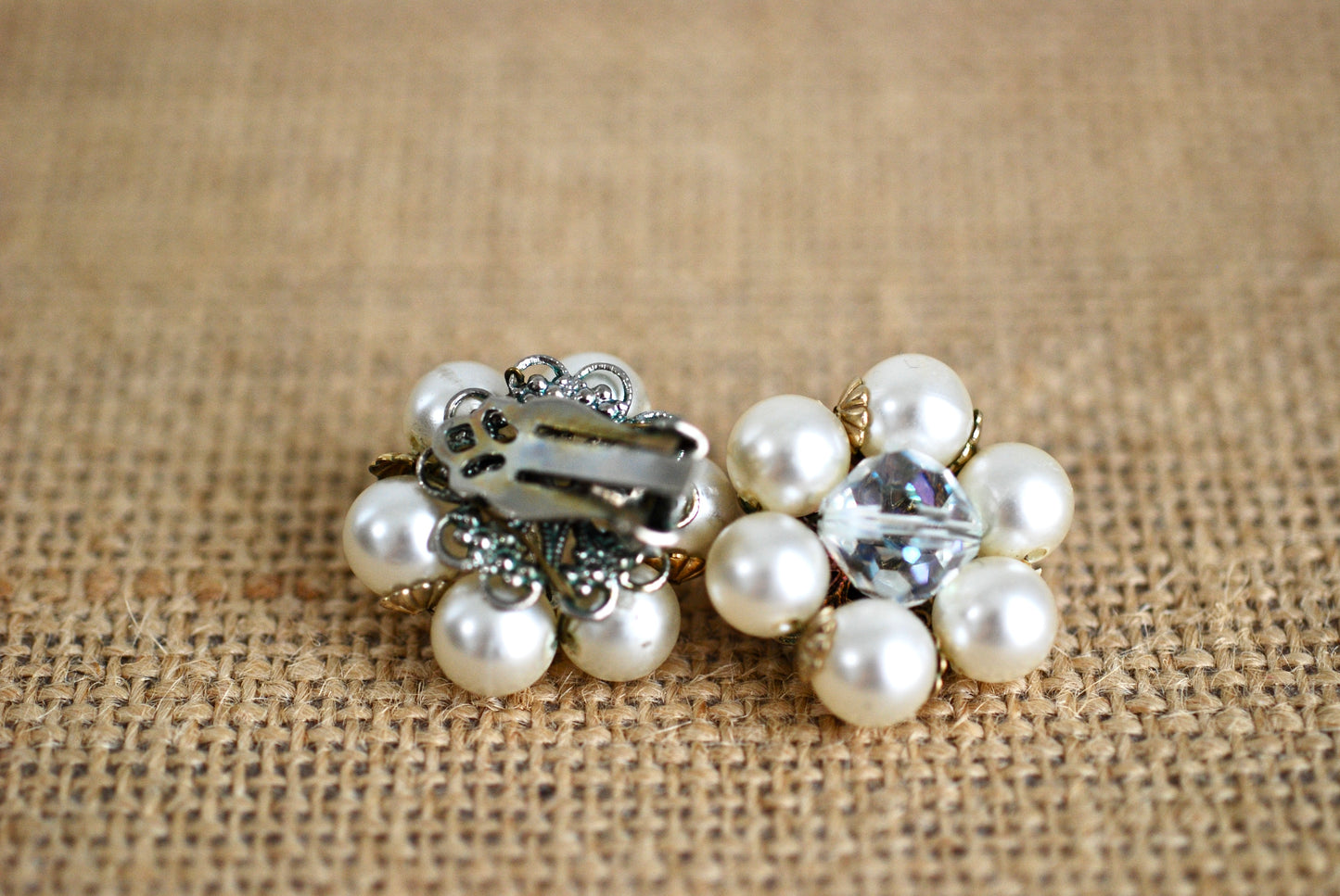 Classic Pearl and AB Crystal Cluster Earrings