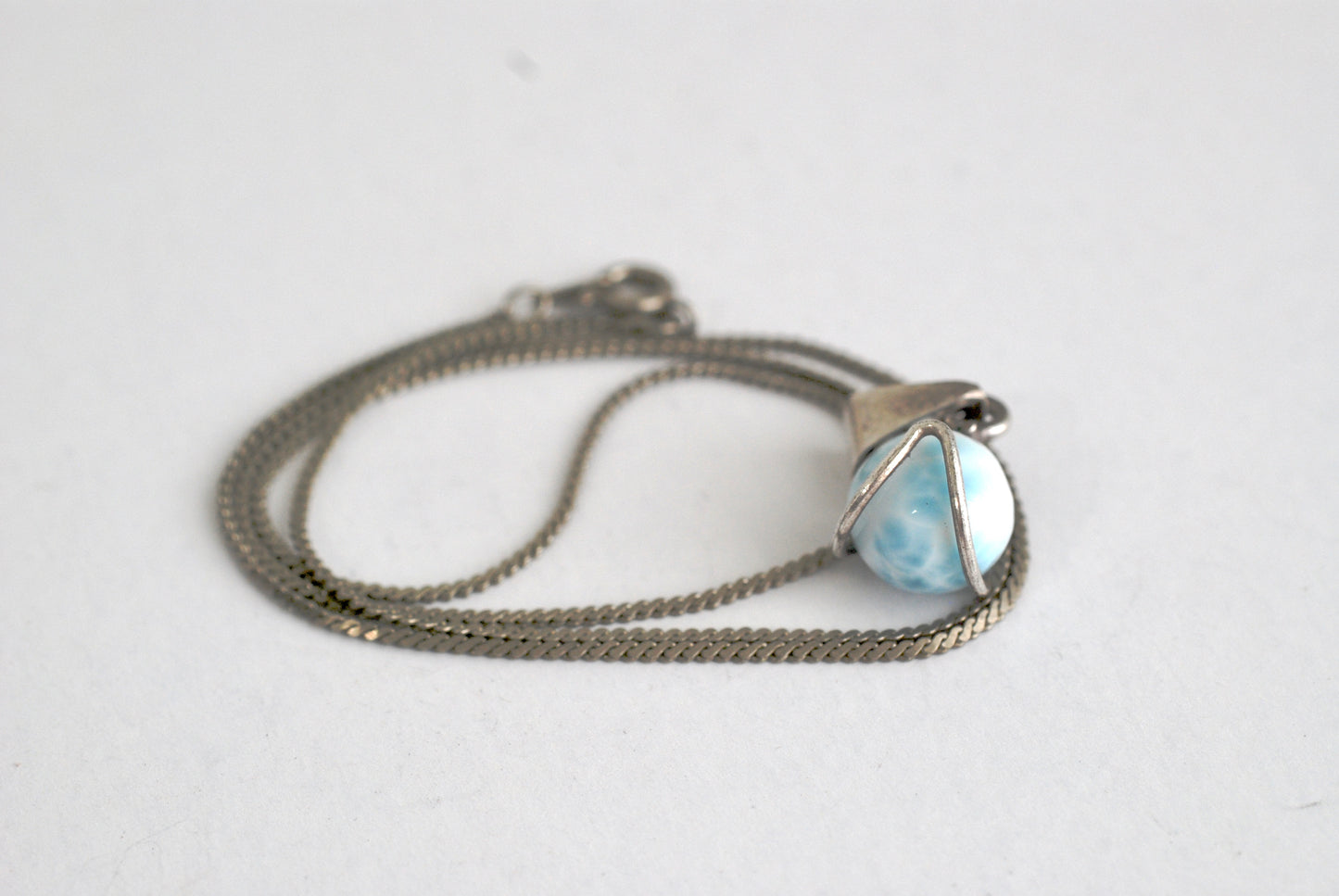 Larimar Ball Pendant in Sterling Silver Setting on Serpentine Chain