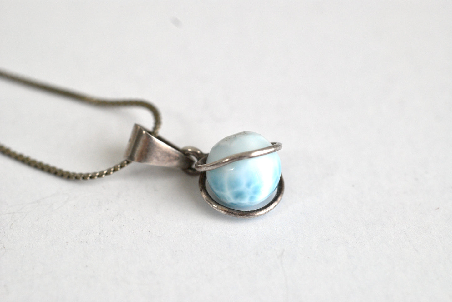 Larimar Ball Pendant in Sterling Silver Setting on Serpentine Chain