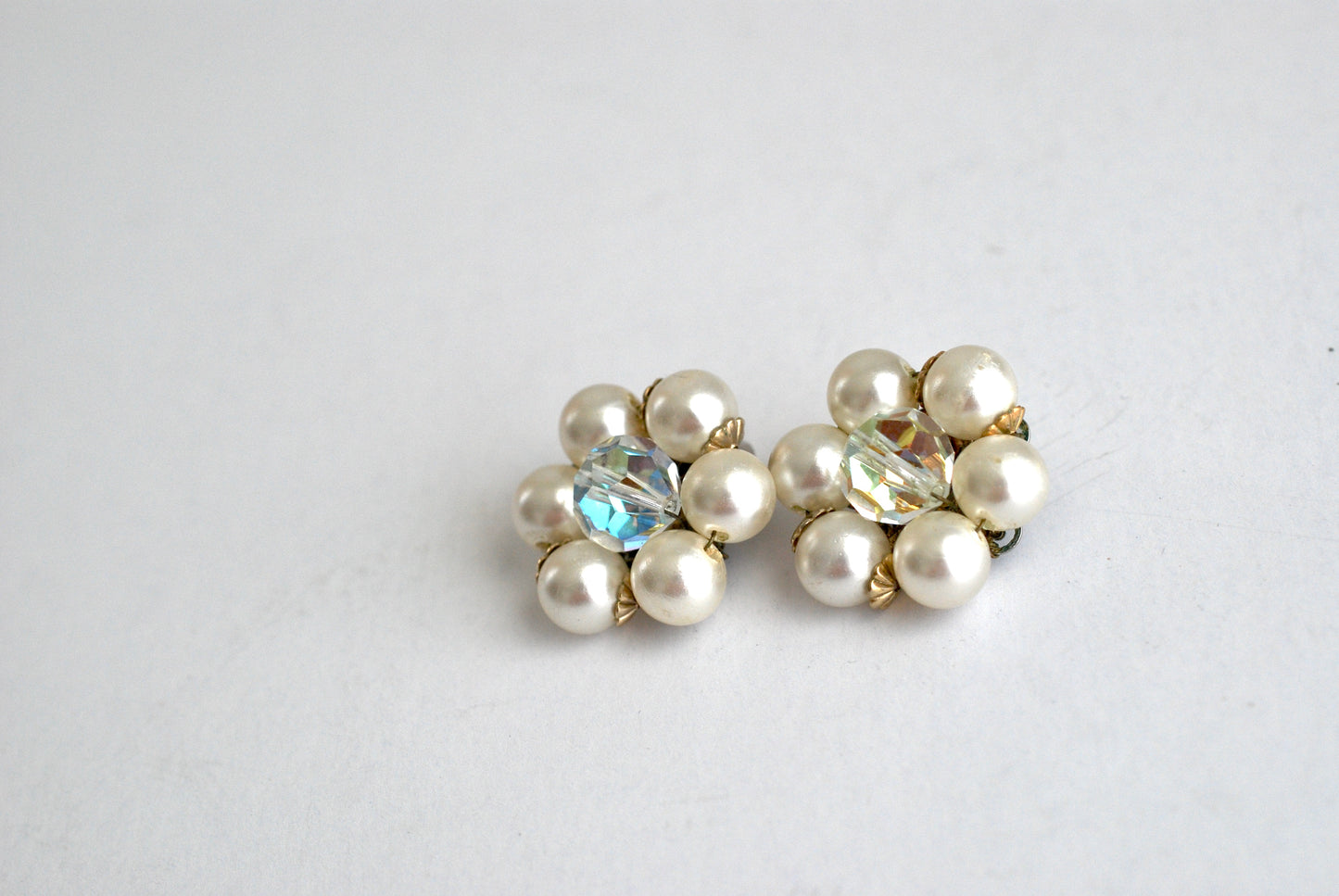 Classic Pearl and AB Crystal Cluster Earrings