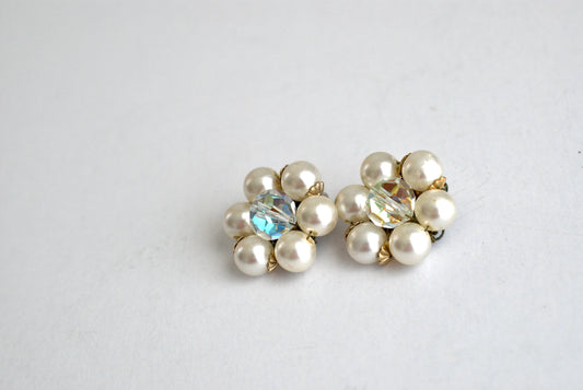 Classic Pearl and AB Crystal Cluster Earrings