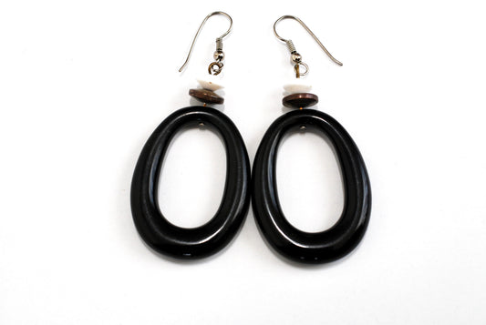 Large Black Oval Dangle Earrings Vintage 1970s