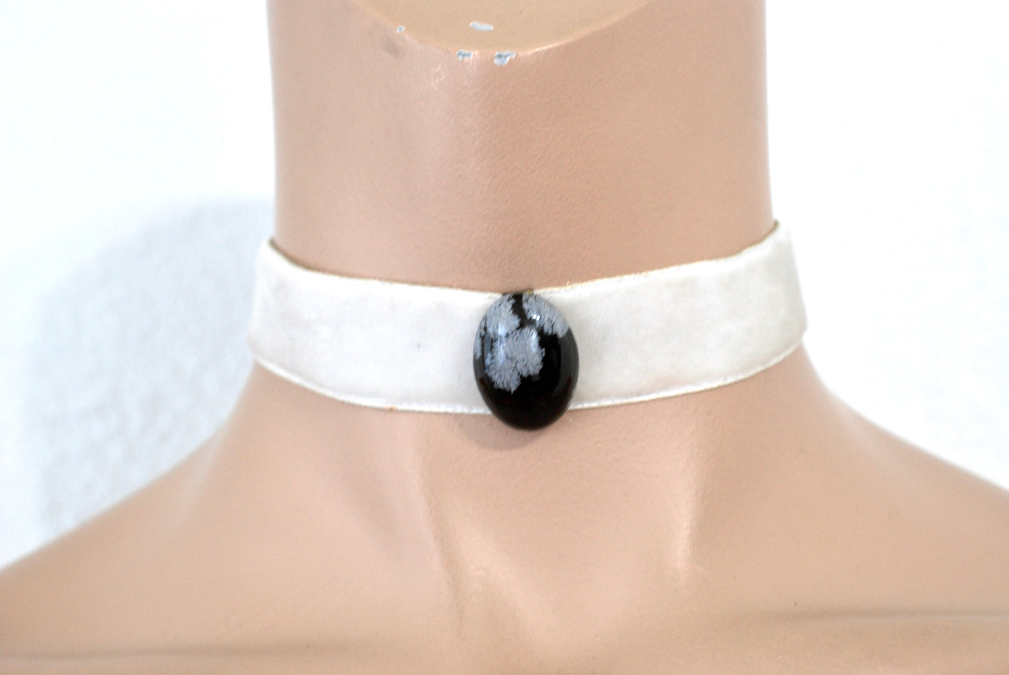 Victorian Era White Velvet Choker with Snowflake Obsidian