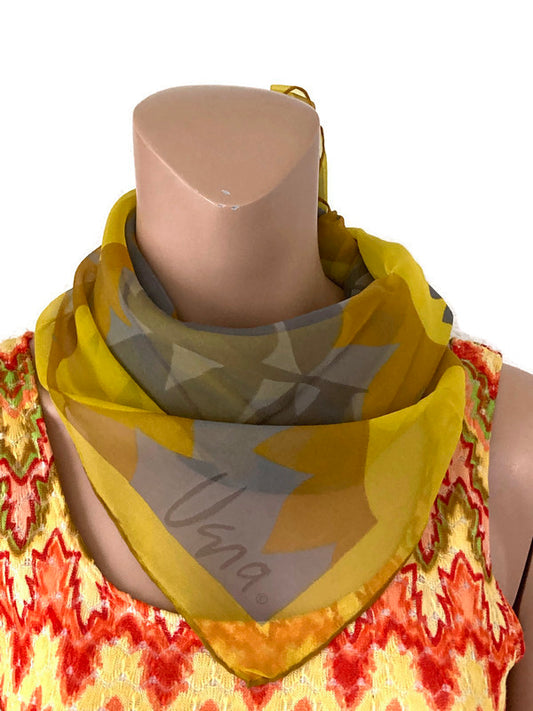 Vera Neumann, Vera scarf, sheer scarf, Verasheer, 1960s scarf, square scarf, vintage scarf, yellow and gray, golden yellow, grey
