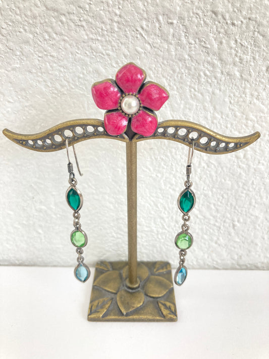 Sterling Silver Green and Blue Three Stone Dangle Earrings 
