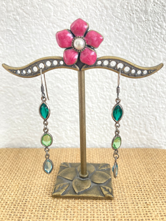 Sterling Silver Green and Blue Three Stone Dangle Earrings 