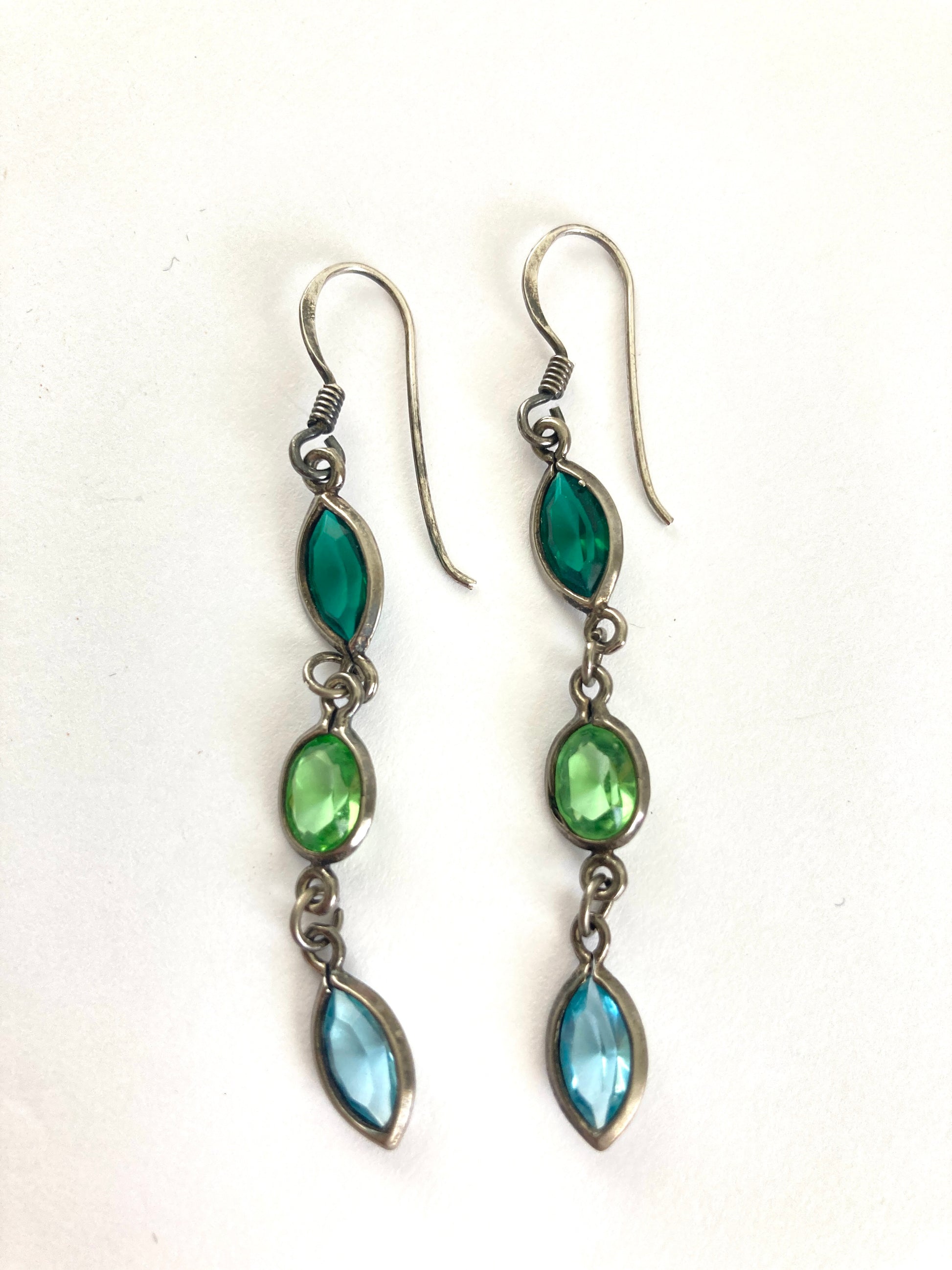 Sterling Silver Green and Blue Three Stone Dangle Earrings 