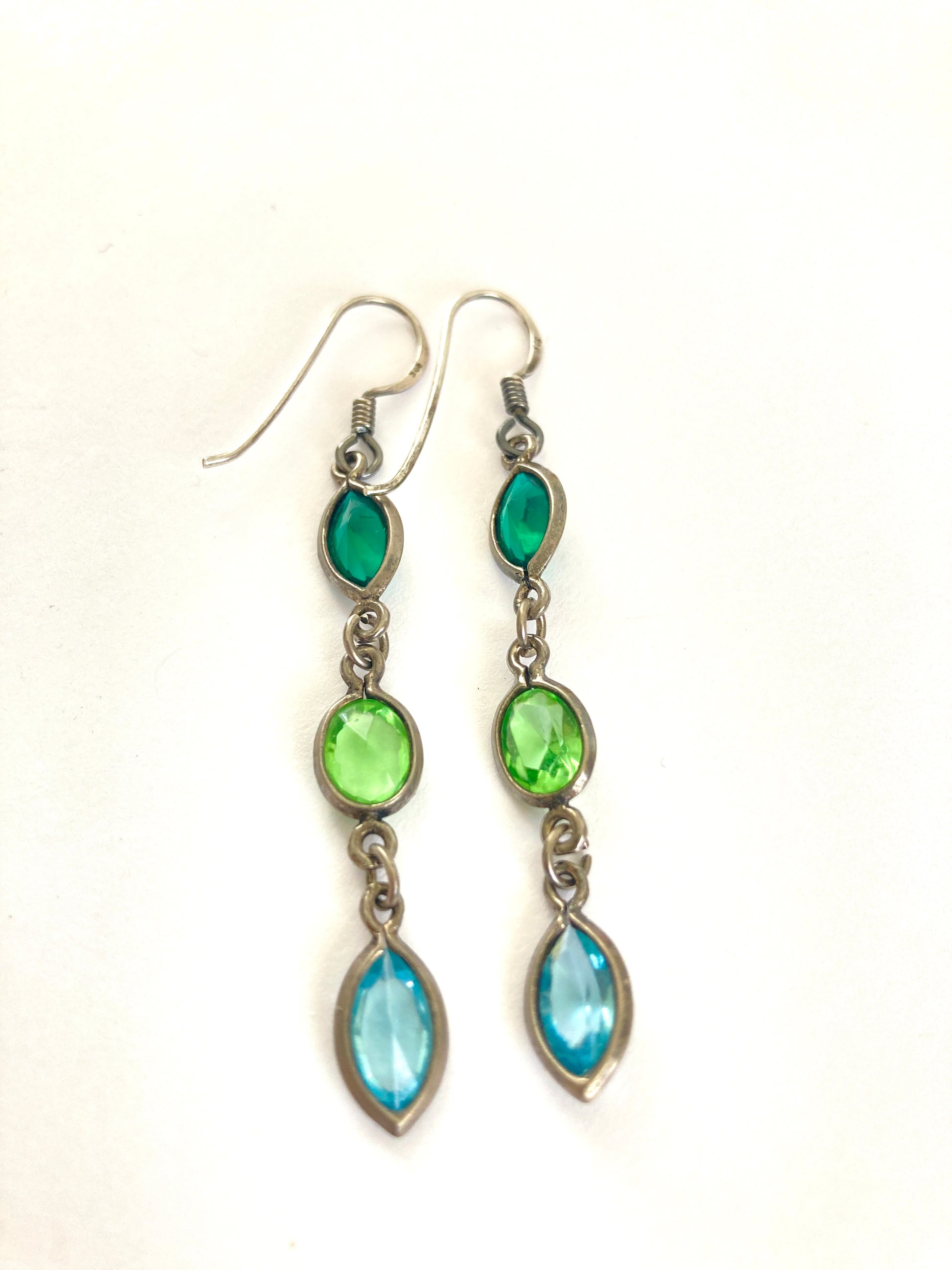 Sterling Silver Green and Blue Three Stone Dangle Earrings 