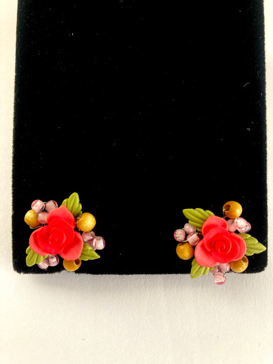 Pink Flower Clay and Bead Tiny Earrings