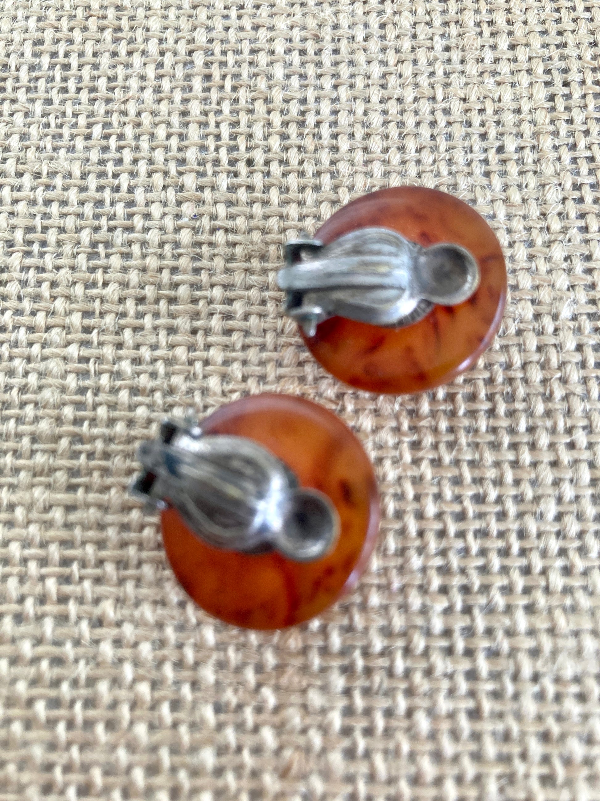 Bakelite Dome Earrings Root Beer Swirl Clip On Style