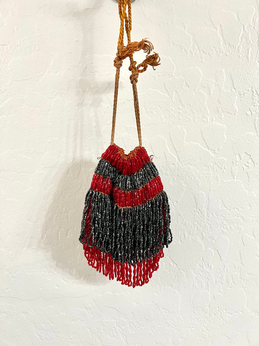 Red and Black Beaded Reticule Drawstring Bag 1920s Flapper Bag Antique