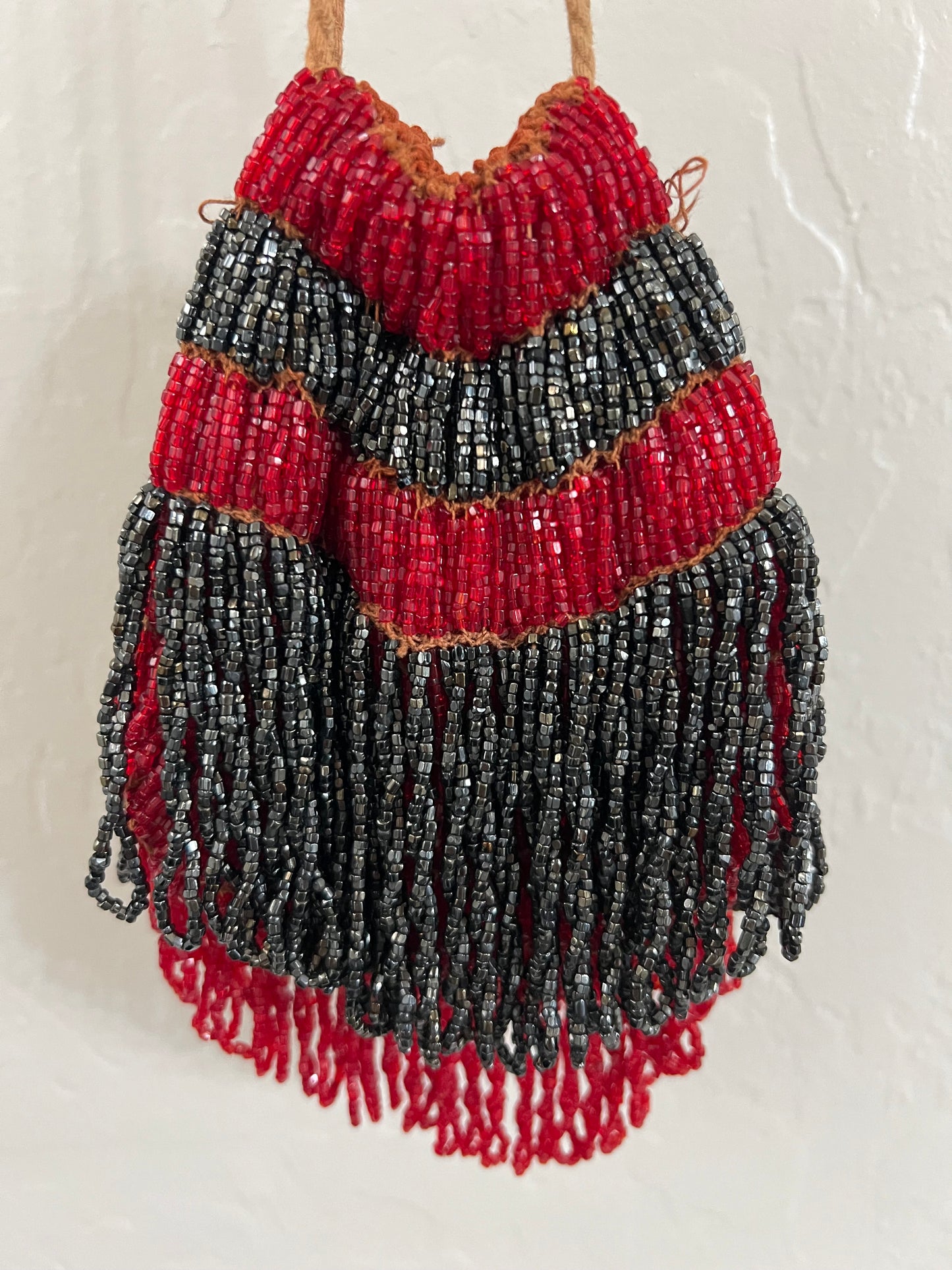 Red and Black Beaded Reticule Drawstring Bag 1920s Flapper Bag Antique
