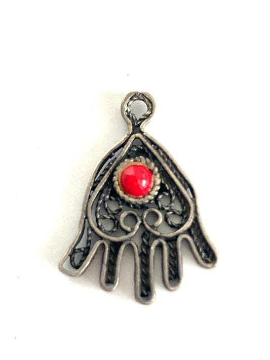 Sterling Silver Hamsa Pendant/Charm w/Coral Made in Israel